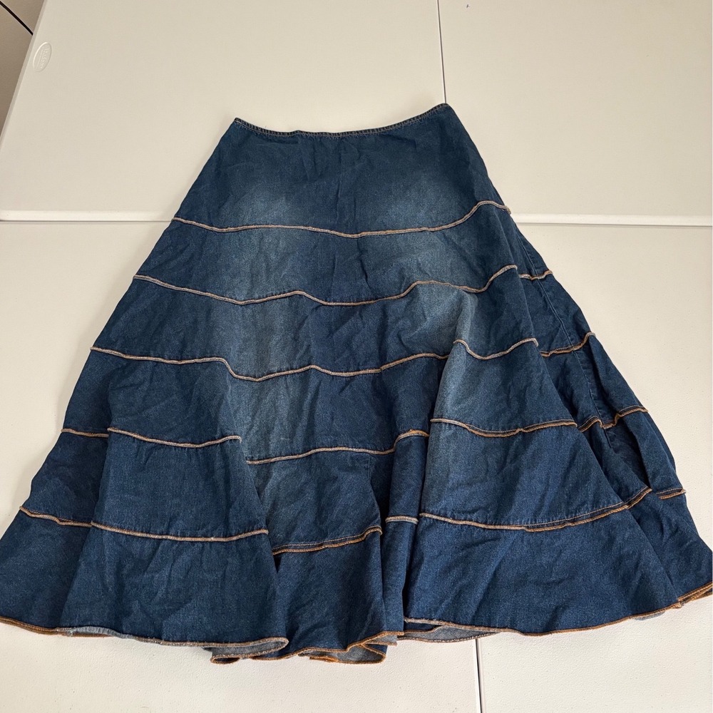 Together Denim Maxi Skirt Tiered Boho Prairie Long Blue Cotton Jean Skirt M xx